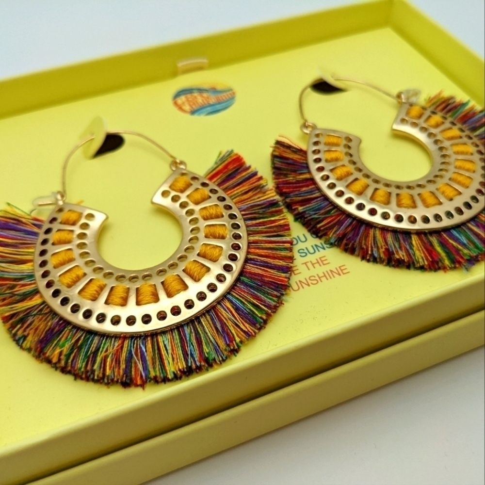 Gold Rainbow Fringe Hoop Earrings Boho - Picture 1 of 5